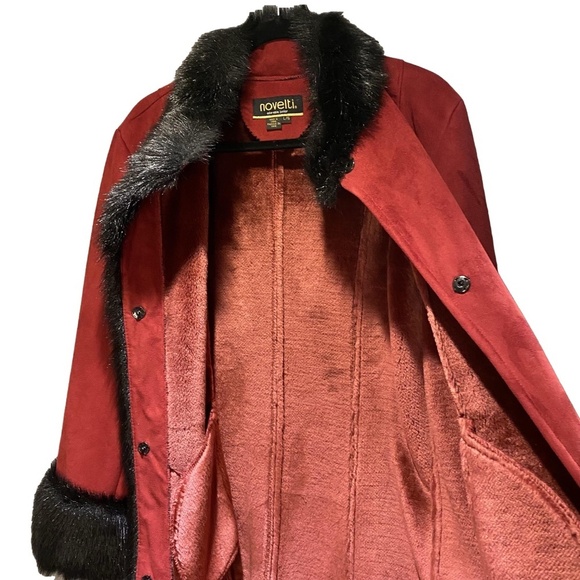 Vintage Y2K NOVELTI Red Faux Suede Faux Fur Trim Longline Penny Lane Coat L - Picture 4 of 12